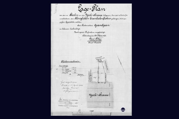 Der durch den vereidigten Landmesser Paul Lorenz 1905 erstellte Flächennachweis des Gebäudes des "Umsteigers" in der Yorckstraße.