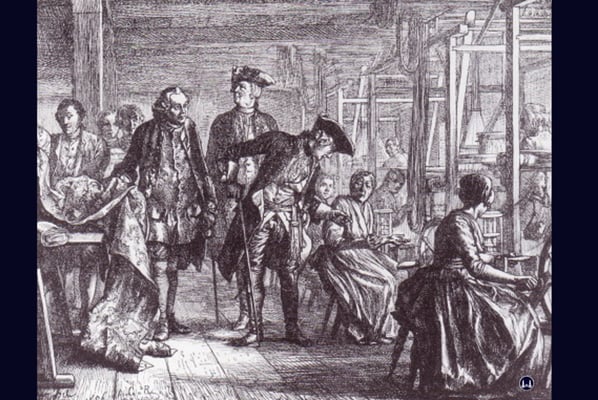 Friedrich II. besucht eine Weberei.