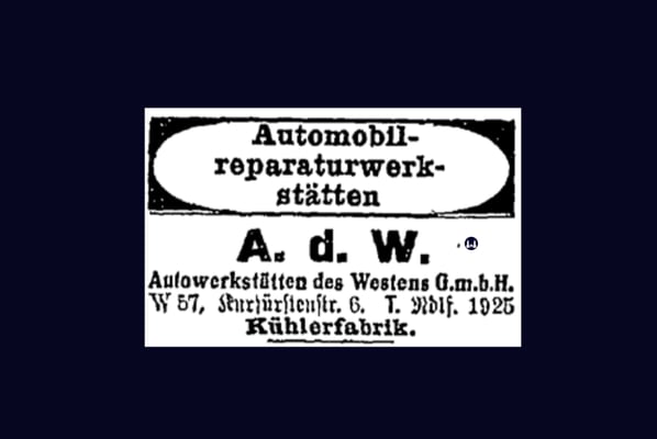 Anzeige im Berliner Adressbuch von 1924 der "A. d. W. Autowerkstätten des Westens GmbH", Kurfürstenstraße 6. Telefon: "Nollendorf 1925".