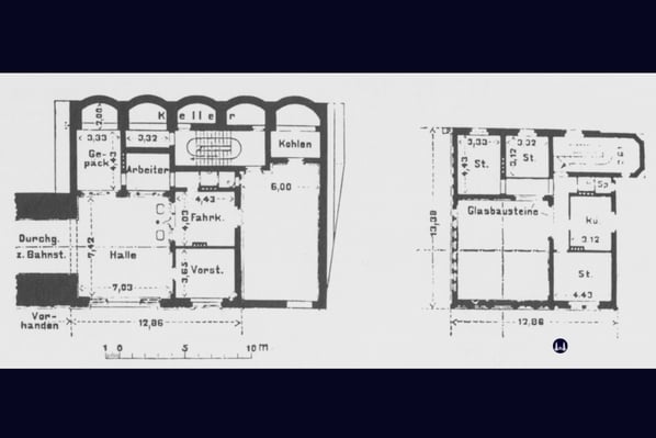Grundriss des EG und des 1. OG des Bahnhofsgebäudes des Bahnhofs Yorckstraße.