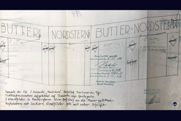 Butter-Nordstern Berlin. Entwurfszeichnung der ehemaligen Filiale Berliner Straße (Tempelhofer Damm).