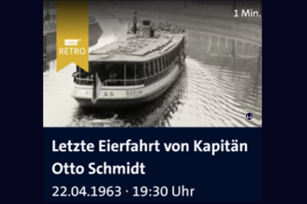 Letzte Eierfahrt von Kapitän Otto Schmidt. Ein Beitrag der Abendschau vom 22.04.1963. Otto Schmidt war zu diesem Zeitpunkt bereits ernstlich an Krebs erkrankt. Er spürte, das seine Zeit bald vorbei war.
