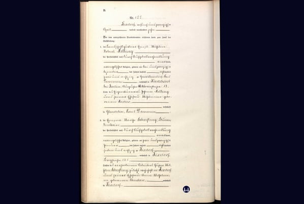 Die Heiratsurkunde des in Ganschendorf im Kreis Demmin (Mecklenburg-Vorpommern) geborenen Emil Milling und seiner Frau Emma Martha Scherfling von 1910.