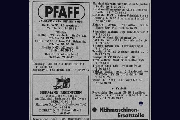 Die unter dem Namen "Pfaff" bestehenden Nähmaschinengeschäftes des Jahres 1956. Das Geschäft an der Ecke Grimm- und Urbanstraße in Kreuzberg wurde im Jahr darauf geschlossen.