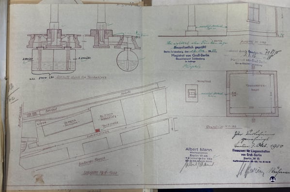 Grundriss und Querschnittszeichnung vom Oktober 1950 der Fa. Albert Mann zum Antrag auf den Bau einer Tankanlage.