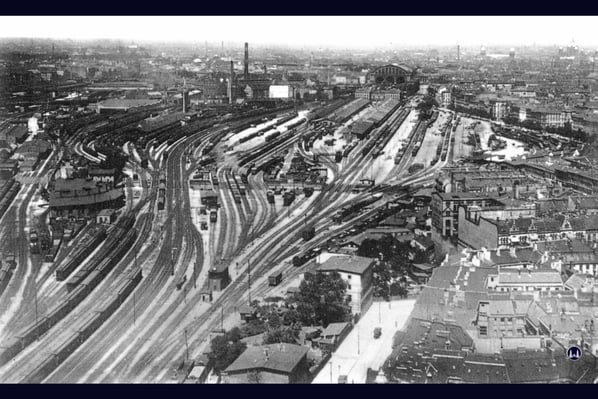 Reichsbahnkalender, ca. 1925. Die etwa in Bildmitte verlaufende Yorckstraße ist auf Grund der vielen über sie hinwegführenden Brücken kaum zu erkennen. 
