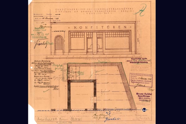 Zeichnung zur Bauerlaubniserteilung für eine Erweiterung des Gebäudes Yorckstraße 56c aus dem Jahre 1928. Der Unternehmer "Paul Pflüger" beabsichtigte hier die Errichtung eines Konfitürengeschäftes. 