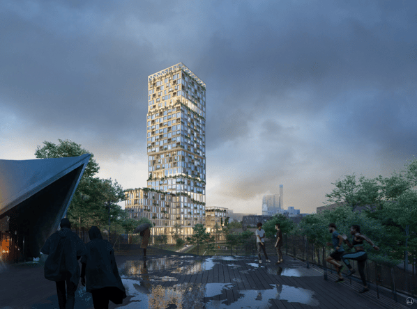 Ansicht des geplanten WoHo - Wohnturm des Büros Mad arktiker vom Tempodrom aus