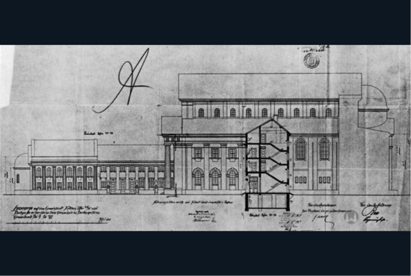 Querschnitt durch den Seitenflügel der Synagoge Fraenkelufer.