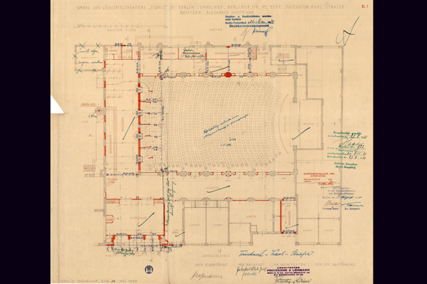 Das Tempelhofer Tivoli an der Friedrich - Karl - Straße. Bauzeichnung der innerhalb des Saals geplanten Umbaumaßnahmen von 1930.