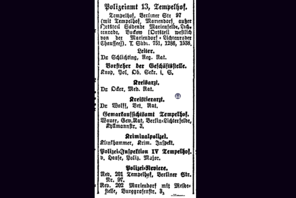 Das Tempelhofer Tivoli an der Friedrich - Karl - Straße. Eintrag des neuen Polizeiamtes in der Friedrich-Karl-Straße von 1925.