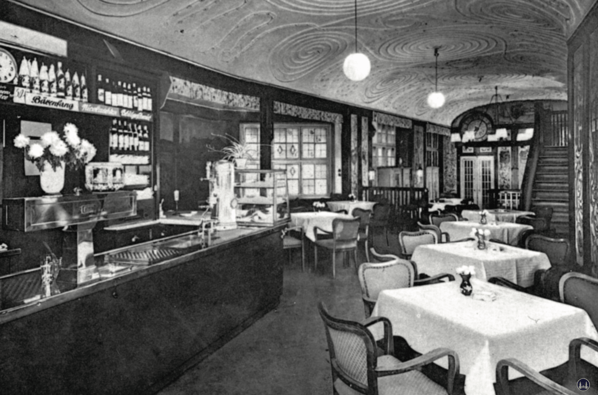 Taut-Haus Kottbusser Damm Ecke Bürknerstraße. Alte Postkarte der Kottbusser Klause. Blick in die Gaststätte.