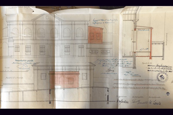 Das Tempelhofer Tivoli an der Friedrich - Karl - Straße. Querschnitt des neuen Bühnenaufbaus.