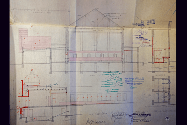 Das Tempelhofer Tivoli an der Friedrich - Karl - Straße. Bauzeichnung der 1930 geplanten Umbaumaßnahmen.