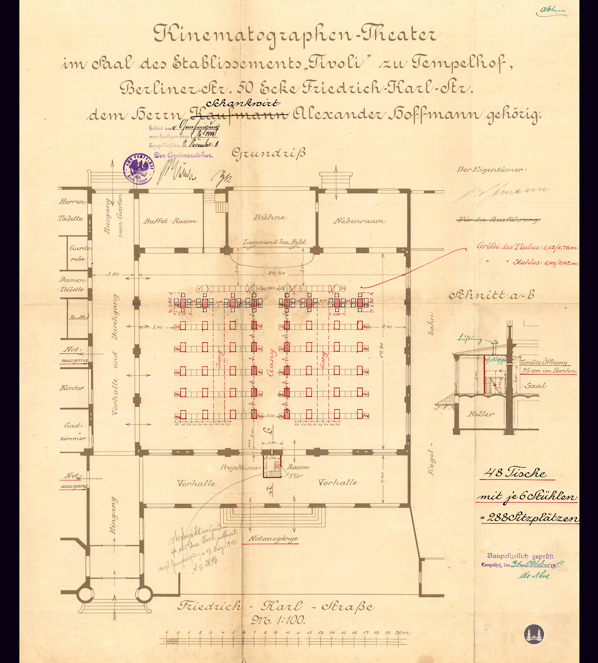 Das Tempelhofer Tivoli an der Friedrich - Karl - Straße. Bauzeichnung von 1911 zum Umbau der Großgaststätte in ein Kino.