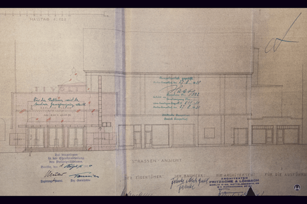 Das Tempelhofer Tivoli an der Friedrich - Karl - Straße. Fassadenriss des Kinos nach dem Umbau von 1930.