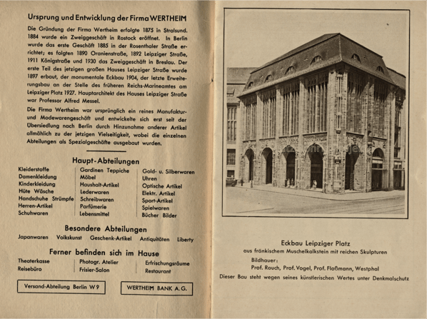 Warenhaus Wertheim Berlin Leipziger Platz. Auflistung der Abteilungen.