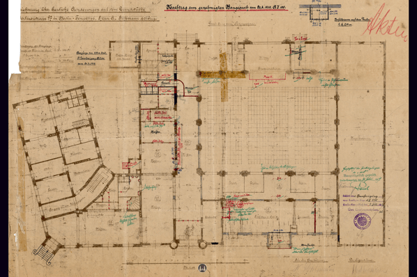 Das Tempelhofer Tivoli an der Friedrich - Karl - Straße. Bauzeichnung von 19019 zum Umbau und Erweiterung des Saalgebäudes.