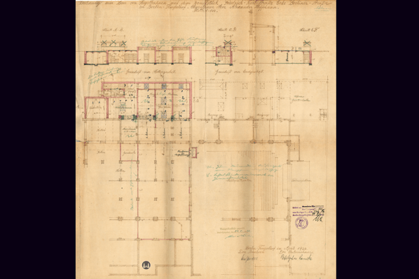 Das Tempelhofer Tivoli an der Friedrich - Karl - Straße. Grundrisszeichnung der neuen Kegelhalle im Keller.