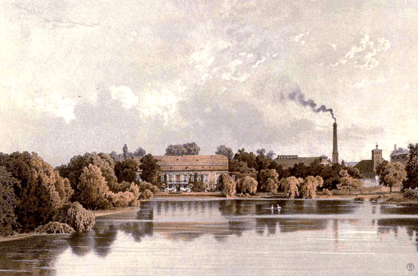 Besuchte Orte der Seidenherstellung und des Seidenhandels: : Das ehem. Rittergut Britz zur Zeit der Erwerbung durch den Grafen Ewald Friedrich von Hertzberg, Minister am Hofe Friedrich des Großen, um 1860. 