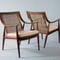 Armchairs design Peter Hvidt & Orla Mølgaard-Nielsen for France & Son. Frame in teak with back in braided rattan and seat in aniline full-grain natural leather from Elmo. H.82cm.