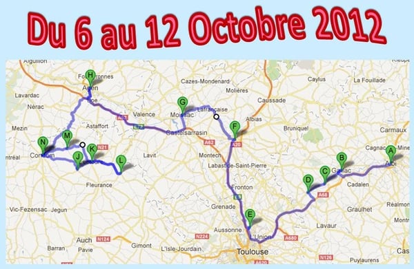 A - Albi, B - Gaillac, C - Lisle sur Tarn, D - Rabastens, E - Castelginest, F - Montauban, G - Moissac, H - Agen, N - Condom, J - Terraube, K - Lectoure, L - Saint Clar, M - La Romieu, N - Condom.
