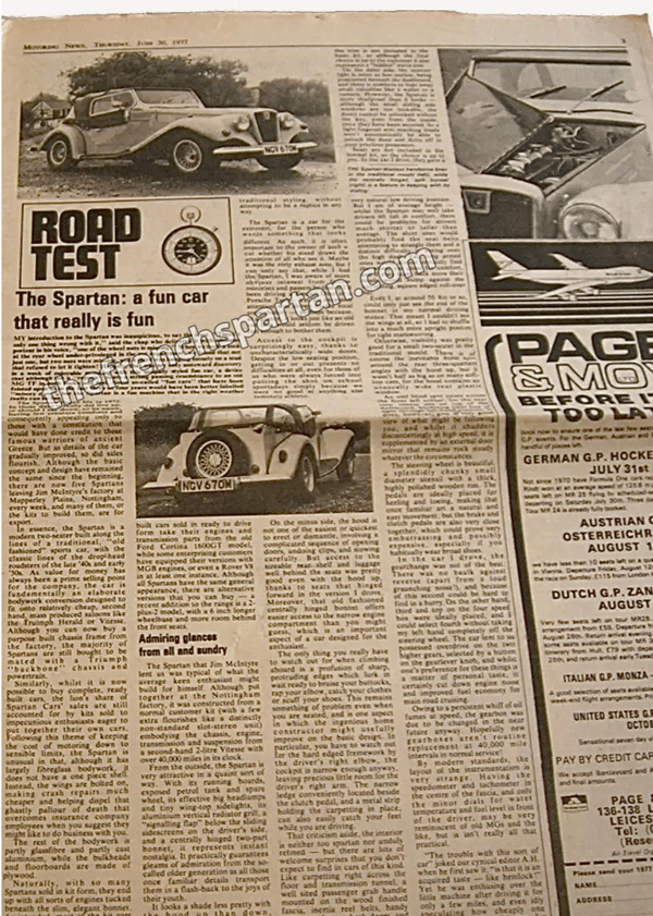 Article de presse sur la Spartan de Spartan Cars