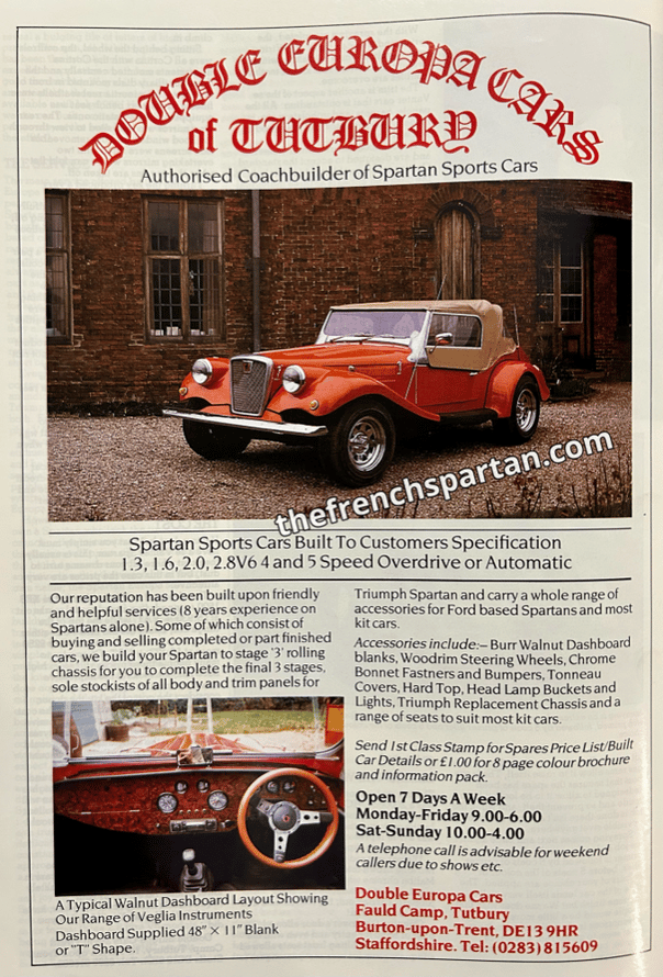 Publicité Double Europa Cars : Authorised Coachbuilder of Spartan Sports Cars