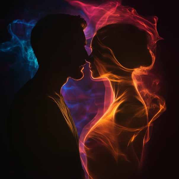 Ein Mann und eine Frau in Silhouetten, deren Körper von buntem Rauch beleuchtet werden, während sie sich vor dem dunklen Hintergrund küssen, im Stil einer realistischen, extrem detaillierten Darstellung, mit farbenfrohen, von Möbius inspirierten Mustern.