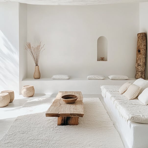 Ein weißes Wohnzimmer mit einem langen Couchtisch aus Holz, weißen Wänden und Boden, einem weichen Teppich auf dem Boden, Dekoration im Boho-Stil in Beigetönen, natürlichen Elementen wie Holz oder Stein, ein gemütliches Gefühl von Behaglichkeit und Ruhe, 