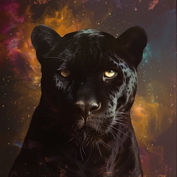 Ein Portrait eines schwarzen Jaguars schaut direkt in die Kamera, er ist zu sehen bis zu den Schultern, der Hintergrund ist ein galaxy Himmel mit orangen, pinken und cyan farbigen farbschwaden oder Rauchwolken