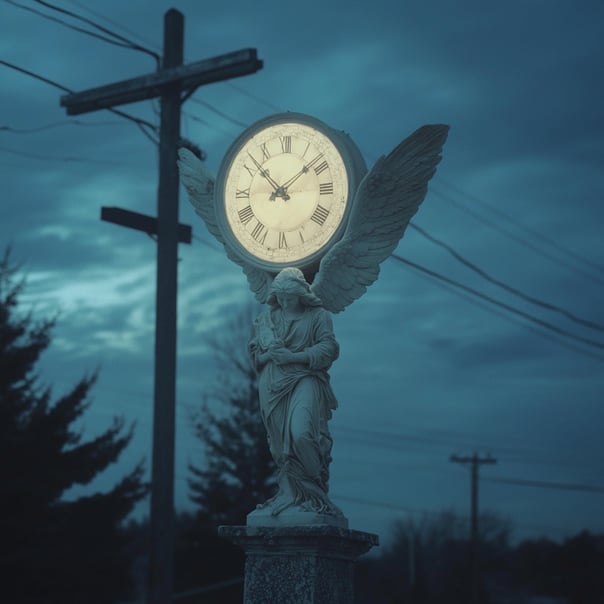 Ein Foto einer Engelsstatue, die das Zifferblatt oben hochhält, aufgenommen nachts in einer amerikanischen Vorstadtstraße mit Stromleitungen und Telefonmasten. Das Foto wurde vom Boden aus aufgenommen, bei bewölktem Himmel und bedrohlicher Beleuchtung.