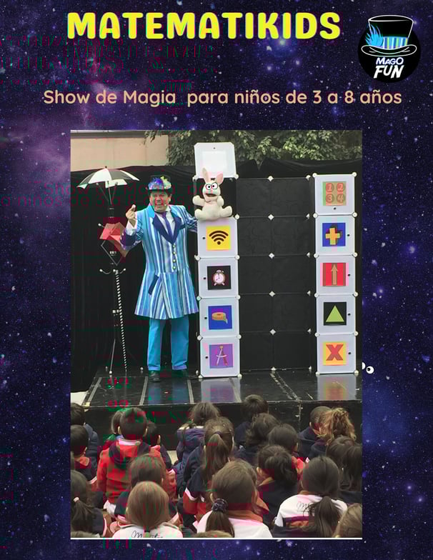 Afiche del show Matematikids del Mago FUN, dirigido a niños de 3 a 8 años. En la imagen se ve al Mago FUN con un traje azul a rayas, junto a una torre de bloques con símbolos matemáticos como suma, resta, figuras geométricas y números. 