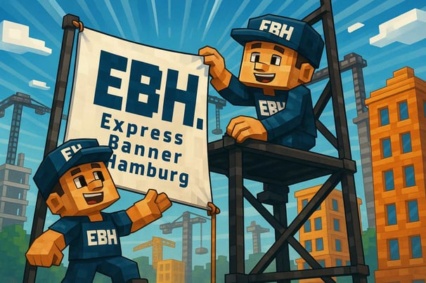 Illustration von zwei EBH-Monteuren bei der Banner-Montage in Hamburg mit Logo Express Banner Hamburg