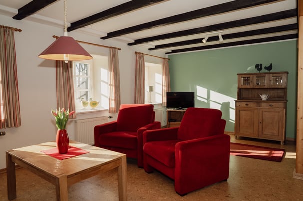 Wohnzimmer Ferienwohnung 5, Blick auf die Sitzmöbel