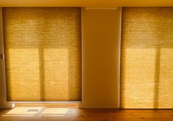 リビング全体に取り付けられたプリーツスクリーン。自然光が床に柔らかく反射している。