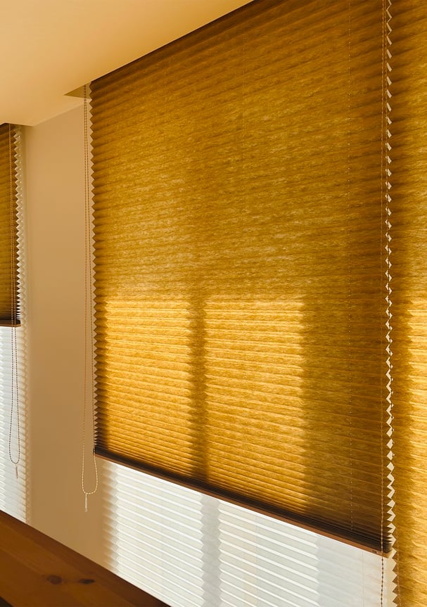 前後ダブル構造のプリーツスクリーン。上部が厚地、下部がレース生地で光をコントロールしている。