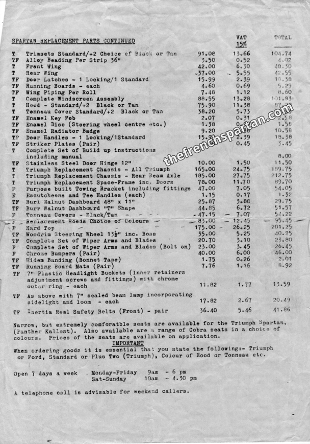 Suite de la liste des pièces SPARTAN disponibles chez Double Europa Cars à l'époque