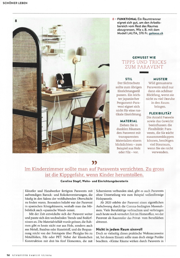 Interview in der Schweizer Familie mit Caroline Stupf stylisch Wohnberatung zum Thema Paravent Einrichtungsberatung Interior Design Innenarchitektur