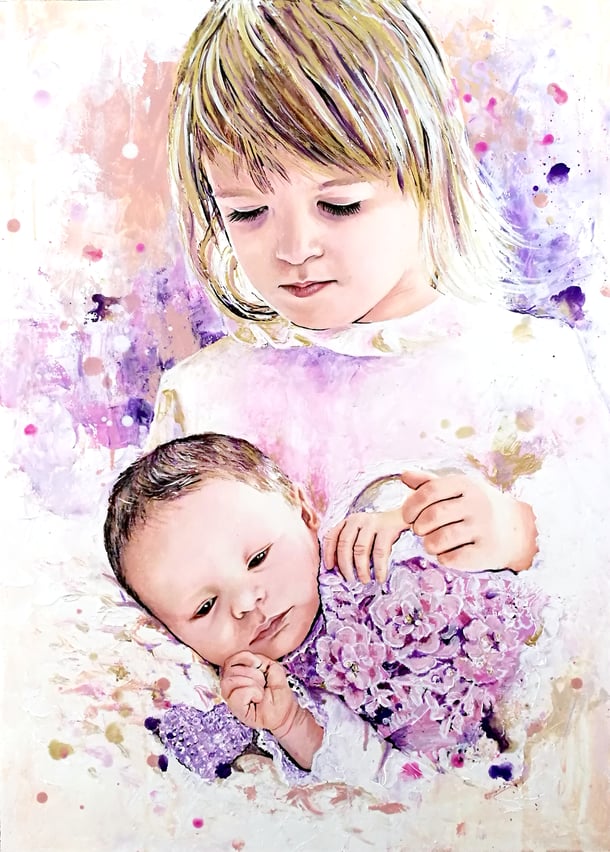 Kinderporträt Babyporträt auf Spezialpapier in rosa lila Tönen Mädchenporträt gemalt nach Foto 