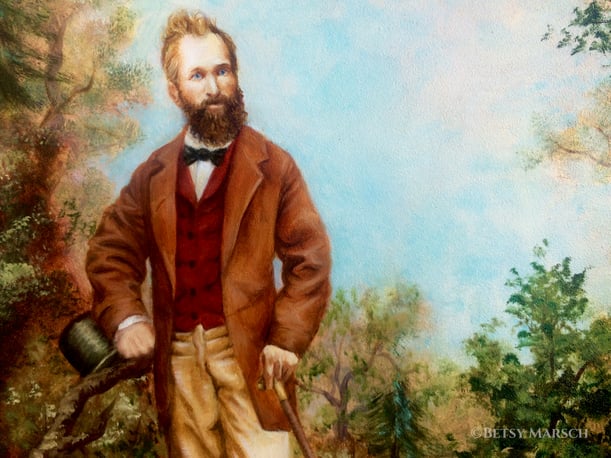 Painted image of Solomon Ramsdell, bearded and with a high forehead and blue eyes, in a rust coat, red vest, and tan trousers, with a black bowtie, and in his hands a tophat and a cane, all in a wooded setting