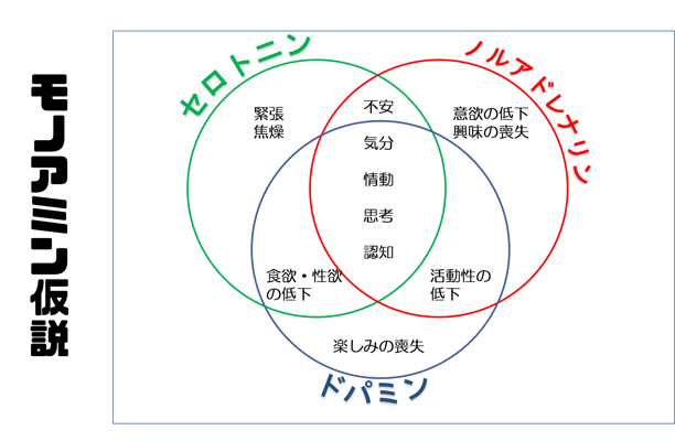 セロトニン　ノルアドレナリン　ドーパミン　モノアミン仮説