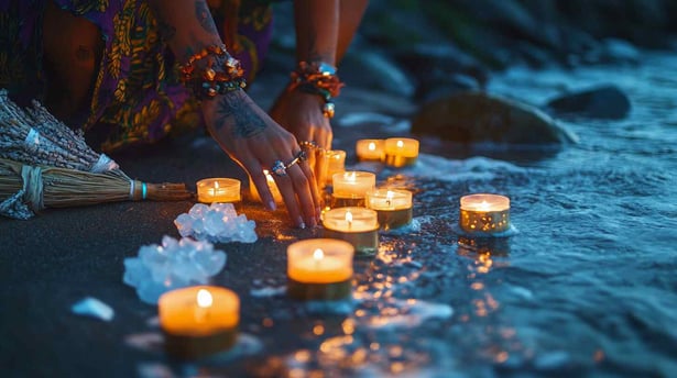 Nahaufnahme von Händen, die Kerzen und Kristalle am Strand platzieren, umgeben von Schalen und magischen spirituellen Gegenständen, in einer Abendkulisse mit sanfter Beleuchtung
