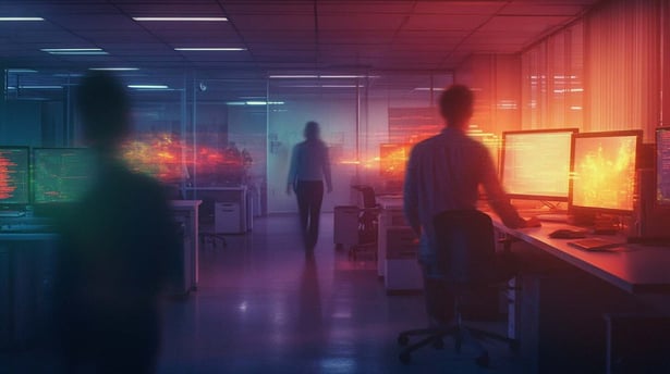 Ein unscharfer Hintergrund eines Büros mit Leuten, die an Computern arbeiten, und im Vordergrund steht eine Person an ihrem Schreibtisch, die auf Computerbildschirme hinunterblickt, im Stil digitaler Kunst, mit filmischem Licht