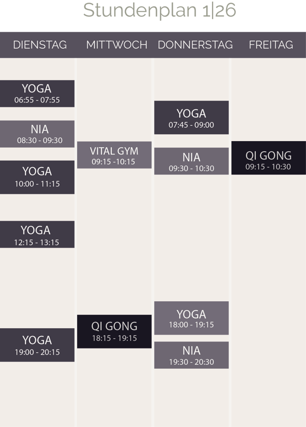 Stundenplan Yoga, Qi Gong, Nia und VitalGYM in Liestal