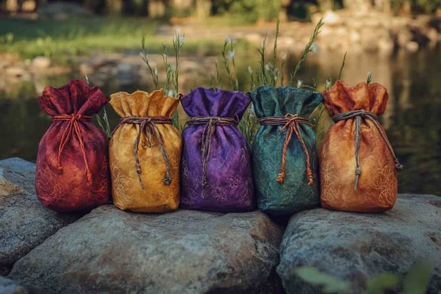 Ein Set aus fünf magischen Stoffbeuteln, jeweils in verschiedenen Farben und Größen, mit verschiedenen Gräsern, die zur Dekoration an den Kordeln befestigt sind und auf glatten Steinen neben ei