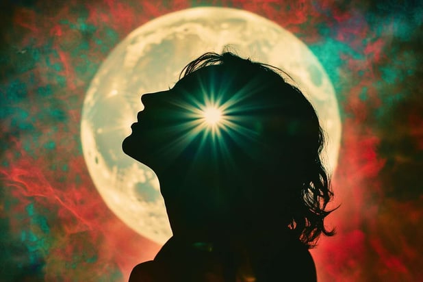 Silhouette eines Frauenkopfes, im Hintergrund von der Sonne hinter ihr beleuchtet, mit einem großen Mond im Hintergrund, farbenfroh, filmisch und hyperrealistisch.