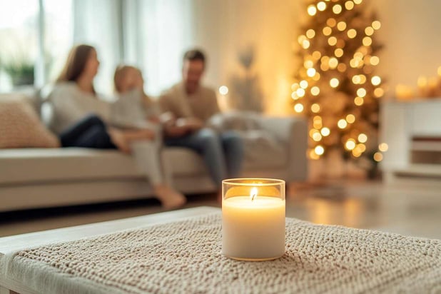 Eine brennende Kerze auf dem Tisch im Fokus, im Hintergrund sitzt die Familie verschwommen auf einem Sofa neben einem Weihnachtsbaum im Wohnzimmer und schafft so eine helle und warme Atmosphäre.