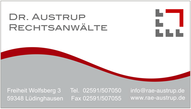 Visitenkarte der Dr. Austrup Rechtsanwälte mit allen Kontaktdaten