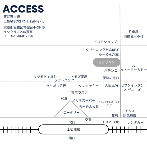 東武東上線上板橋駅（普通電車、準急電車停車駅）から国家資格男性セラピストが施術するリンパマッサージ専門店ファリンソまでの地図